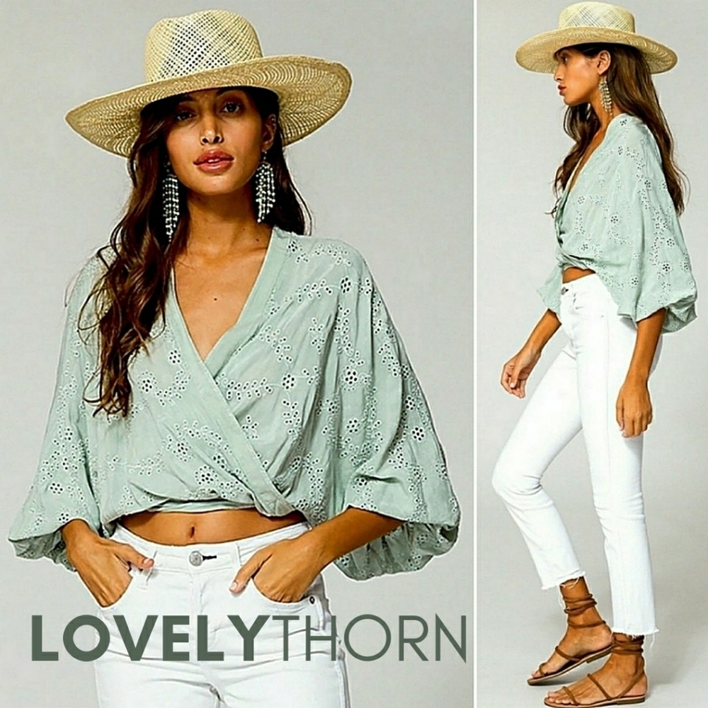Yfb // Ltd Ed Sage Green Eyelet "Lacey" Plunge Surplice Wrap Top